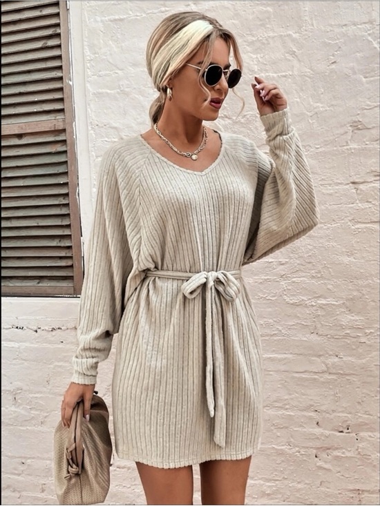 Dresses & Skirts - Tie-Waist Ribbed V-Neck Mini Dress - Cream